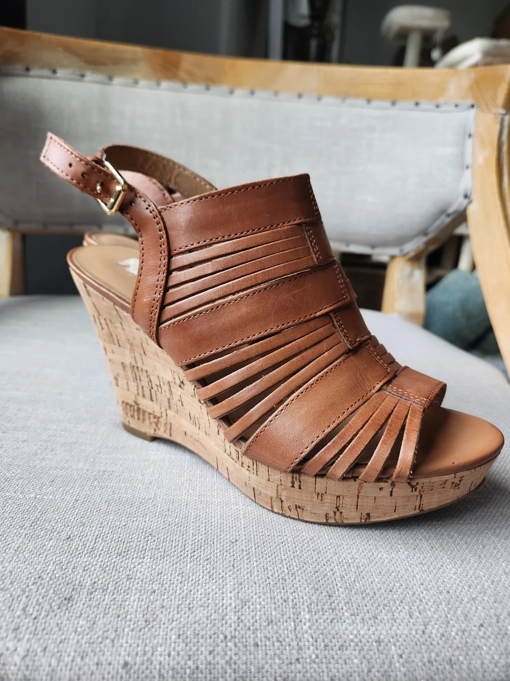Franco Sarto Tan Leather Wedge Sandals 7.5 